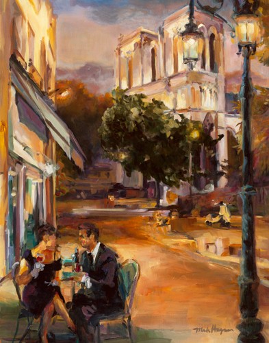 Marilyn Hageman, Twilight Time in Paris (Wunschgröße, Malerei, Modern, Nostalgie, Paris, Straßencafe, Cafe, Menschen, Paar, Abendstimmung, Architektur, Wohnzimmer, Treppenhaus, bunt)