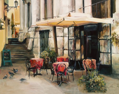 Marilyn Hageman, Wine Cellar in Vincenza (Wunschgröße, Modern, Malerei, Nostalgie, Häuser, Italien, Platz, Architektur, Alststadt, Sommer, Treppe, Gemütlich, Weinkeller, Tauben, Cafe, Restaurant, Gastronomie, Wohnzimmer, Esszimmer, Bistro, bunt)