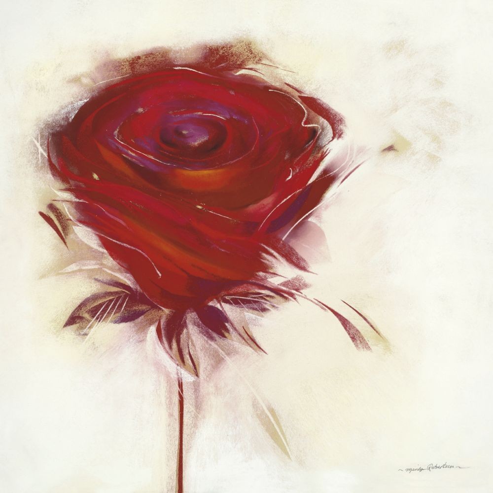Marilyn Robertson, Damask I (Malerei, Rose, Blume, Blüte, Liebe, Symbol, dekorativ, Schlafzimmer, Treppenhaus, Wohnzimmer, rot / grau)
