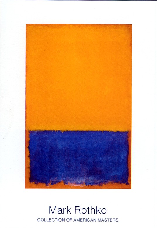 Mark Rothko, Untitled (Yellow, Blue on Orange) (Abstrakte Malerei, abstrakter Expressionismus, meditativ, Farbfelder, verschwommen, Farbwolken, Farbschleier, Transparenz, Klassische Moderne, Büro, Business, Wohnzimmer, blau / gelb)