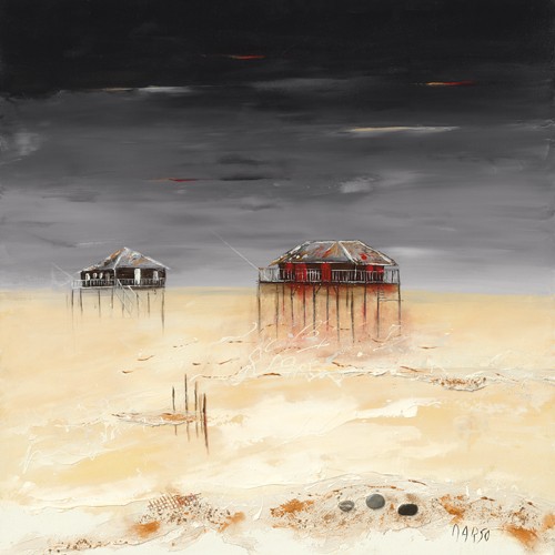 Marso, L´estuaire (Moderne Malerei, Meer, Sandstrand, Mündung, Pfahlbauten,  abstrakter Hintergrund, dekorativ, Wohnzimmer, Esszimmer, Treppenhaus, Wunschgröße, bunt)