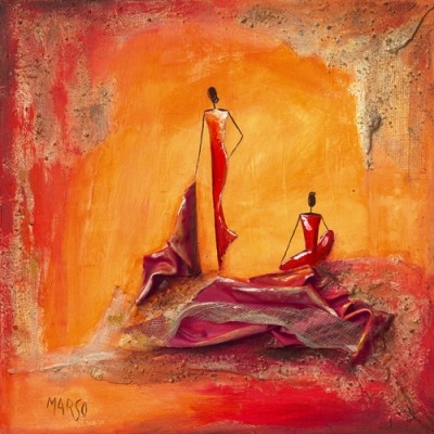 Marso, La couture (Moderne Malerei,  Mode, Afrikanerinnen, Frauen, abstrakter Hintergrund, Ethnic, ethnologisch, dekorativ, Wohnzimmer, Esszimmer, leuchtend, feurig, rot/orange)