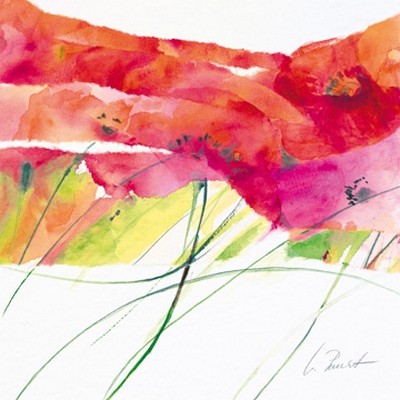 Marta Peuckert, Modern Poppy VI (Blumen, Blüten, Mohnblumen, Pflanzen, abstrahiert, modern, Aquarell, Wunschgröße, Wohnzimmer, Treppenhaus, bunt)