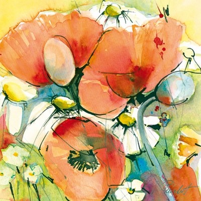 Marta Peuckert, Mohn und Margeriten (Blumen, Blüten, Mohnblumen, Margeriten, Pflanzen, abstrahiert, modern, Aquarell, Wunschgröße, Wohnzimmer, Treppenhaus, bunt)