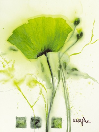 Marthe, Coquelicot vert I (Blumen, Mohn, Mohnblüte, Malerei, Aquarell, filigran, frisch, Wohnzimmer, Treppenhaus,  Esszimmer, zeitgenössisch, grün)