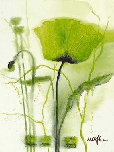 Marthe, Coquelicot vert II (Blumen, Mohn, Mohnblüte, Malerei, Aquarell, filigran, frisch, Wohnzimmer, Treppenhaus,  Esszimmer, zeitgenössisch, grün)