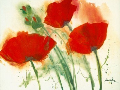 Marthe, Coquelicots au vent I (Mohn, Blumen, Mohnblüte, Malerei, Aquarell,  Wohnzimmer, Treppenhaus,  Esszimmer, zeitgenössisch, bunt)
