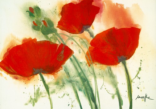 Marthe, Coquelicots au vent I (Blumen, Mohn, Mohnblüte, Malerei, Aquarell, Wohnzimmer, Treppenhaus,  Esszimmer, zeitgenössisch, Wunschgröße, bunt)