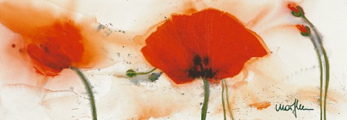 Marthe, Coquelicots au vent III (Blumen, Mohn, Mohnblüte, Malerei, Aquarell, Wohnzimmer, Treppenhaus,  Esszimmer, zeitgenössisch, Wunschgröße, bunt)