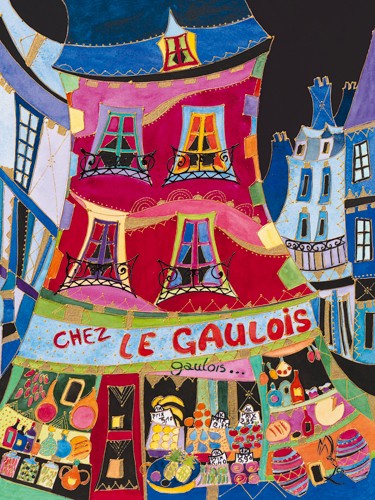 Martine Wentzeis, Le gaulois (Wunschgröße, Malerei, Stadt, Gebäude, Häuser, Geschäfte, Frankreich, fröhlich, farbenfroh, dekorative Malerei, Wohnzimmer, Esszimmer, Arztpraxis, modern, bunt)