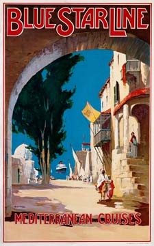 Maurice Randall, Blue Star Line, Mediterranean Cruise (Plakatkunst, Kreuzfahrten, Nostalgie, Mittelmeerreisen, mediterran, Klassiker, Wohnzimmer, Gastronomie, Bistro, Wunschgröße, bunt)