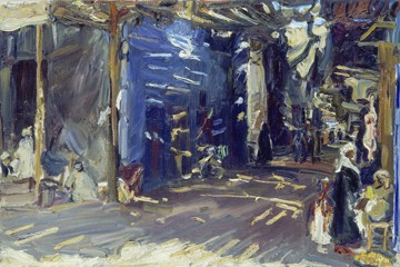 Max Slevogt, Bazarstrasse in Assuan (Hütten, Bazar, Markt, Orientalisch, Marktstände, Ägypten, Licht, Impressionismus, Klassische Moderne, Wohnzimmer, Treppenhaus, Wunschgröße, bunt)