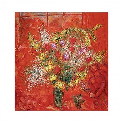 Marc Chagall, Fleurs sur fond rouge (Blumen, Blumenstrauß, Vase, Stillleben, Frau, schemenhaft, Treppenhaus, Wohnzimmer, Arztpraxis, Klassische Moderne, rot/bunt)