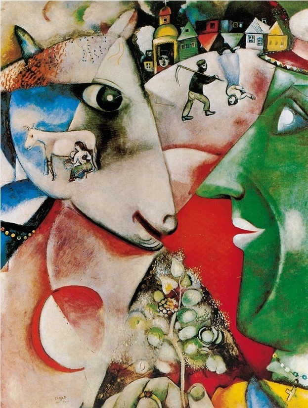 Marc Chagall, I and the village, 1911 (grünes Gesicht, Profil, Ziegenkopf, geometrische Formen, mystisch, Treppenhaus, Wohnzimmer, Arztpraxis, klassssiche Moderne, bunt)