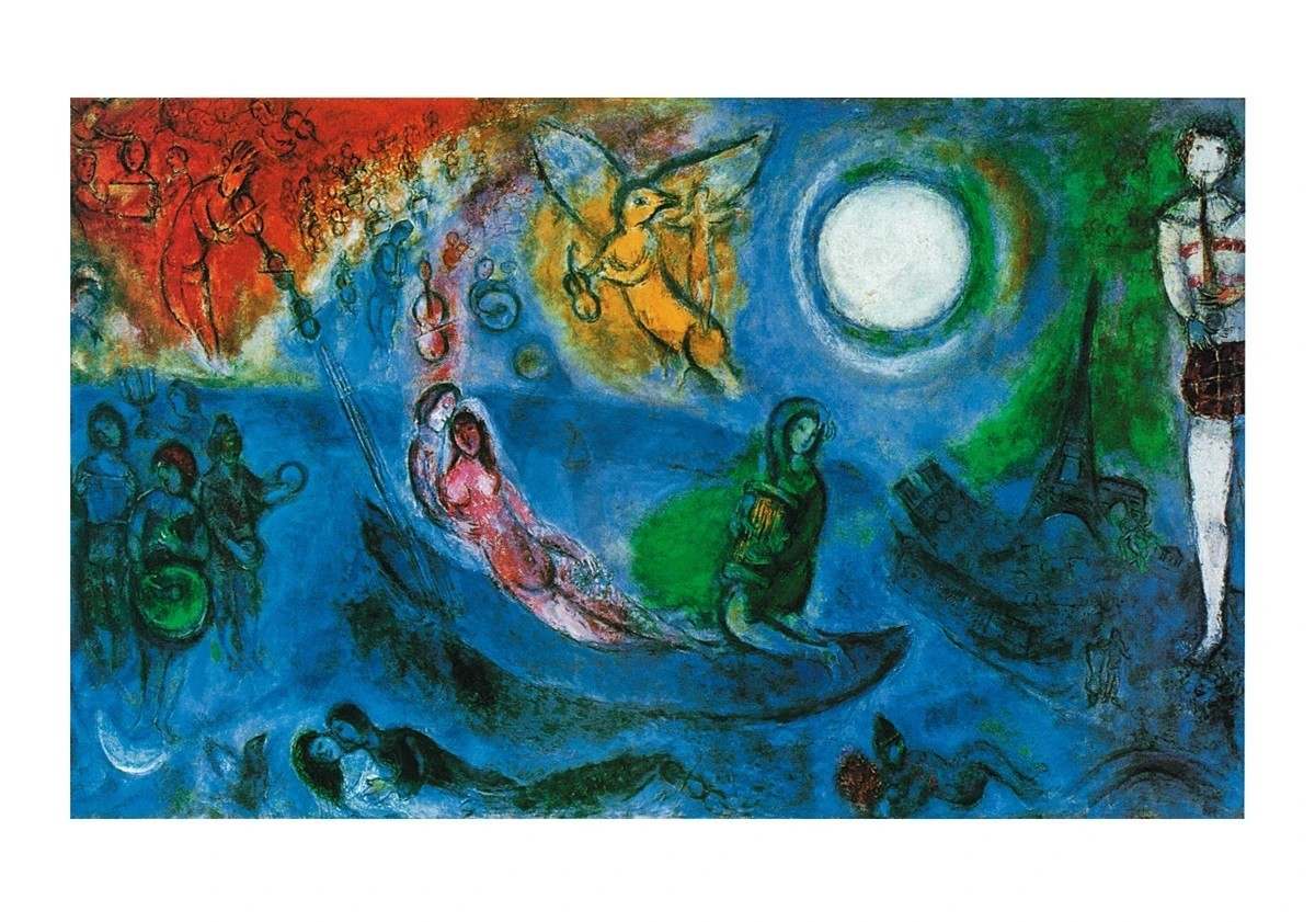 Marc Chagall, Il concerto, 1957 (Boot, Nachtszene, Vollmond, Konzert, Flötenspieler, romantisch, Liebende, mystisch, Treppenhaus, Wohnzimmer, Arztpraxis, Klassische Moderne, bunt)
