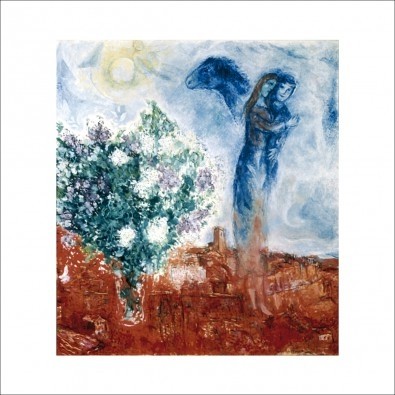 Marc Chagall, Die Liebenden über St. Paul (Liebespaar, schwebendes Paar, Pferdekopf, blühender Baum, Stadtansicht, mystisch, Liebespaar, Treppenhaus, Wohnzimmer, Arztpraxis, Klassische Moderne, bunt)