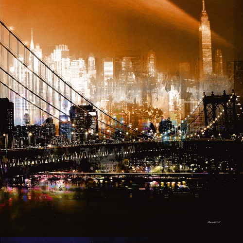 Mereditt.f, Brooklyn Bridge by Night (Städte und Gebäude, Architektur, New York, Skyline, Manhattan, Brücke, Wahrzeichen, Nachtszene, Lichteffekte, Fotokunst, modern, Wohnzimmer, Jugendzimmer, Wunschgröße,  bunt)