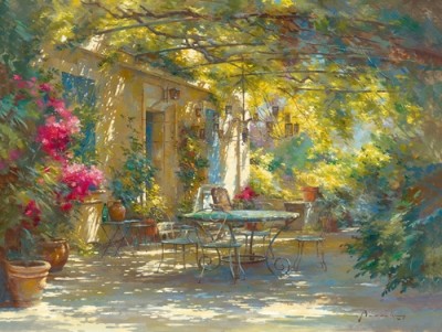 Johan Messely, Ambiance d´été (Malerei, Nostalgie, Garten, Terrasse, Natur, Mediterran, Sommer, Haus, Pergola, Pflanzen, Blumen, Optimismus, Lebensfreude, Idylle, Sonnenlicht, Wohnzimmer, Wintergarten, bunt)