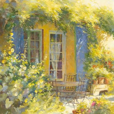 Johan Messely, Bouquet de fleurs (Malerei, Nostalgie, Garten,  Natur, Mediterran, Terrasse, Haus, Pflanzen, Blumen, Entspannung, Ruhe, Schatten,  Idylle, Sonnenlicht, Wohnzimmer, Wintergarten, bunt)