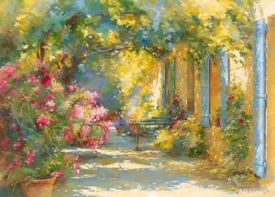 Johan Messely, Explosion (Malerei, Nostalgie, Garten, Innenhof, Natur, Mediterran, Sommer, Haus, Pergola, Pflanzen, Blumen, Optimismus, Lebensfreude, Idylle, Sonnenlicht, Wohnzimmer, Wintergarten, bunt)