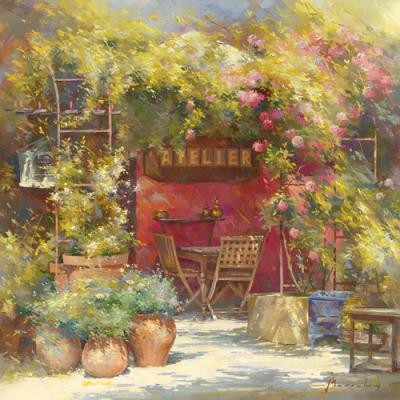 Johan Messely, Latelier (Malerei, Nostalgie, Garten,  Natur, Mediterran, Terrasse, Atelier, Haus, Blumentöpfe, Pflanzen, Blumen, Entspannung, Ruhe, Schatten, Mittagshitze, Idylle, Sonnenlicht, Wohnzimmer, Wintergarten, bunt)