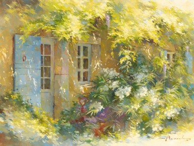 Johan Messely, Le laurier blanc (Malerei, Nostalgie, Garten,  Natur, Mediterran, Sommer, Haus,  Pflanzen,weißer Lorbeer, Blumen, Entspannung, Ruhe, Schatten, Mittagshitze, Idylle, Sonnenlicht, Wohnzimmer, Wintergarten, bunt)