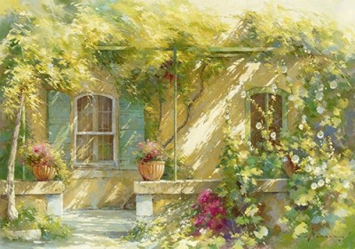 Johan Messely, Mas Lou Figoulon (Malerei, Nostalgie, Garten,  Natur, Mediterran, Sommer, Haus,  Pflanzen, Blumen, Entspannung, Ruhe, Schatten, Mittagshitze, Idylle, Sonnenlicht, Wohnzimmer, Wintergarten, bunt)