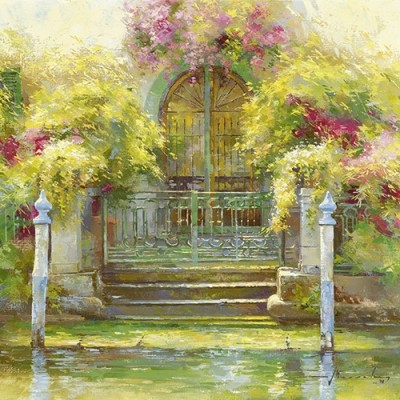 Johan Messely, Nostalgie à Iseo (Malerei, Nostalgie, Italien, Garten, Natur, Mediterran, Sommer, Haus, Tor, Schmiedeeisen, See, Pflanzen, Blumen, Entspannung, Ruhe, Schatten, Bootsanleger, Idylle, Sonnenlicht, Wohnzimmer, Wintergarten, bunt)