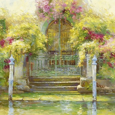 Johan Messely, Nostalgie à Iseo (Malerei, Nostalgie, Italien, Garten, Natur, Mediterran, Sommer, Haus, Tor, Schmiedeeisen, See, Pflanzen, Blumen, Entspannung, Ruhe, Schatten, Bootsanleger, Idylle, Sonnenlicht, Wohnzimmer, Wintergarten, bunt)