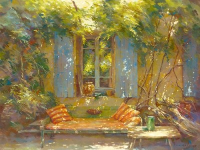 Johan Messely, Sieste au sabot rouge (Malerei, Nostalgie, Garten,  Natur, Mediterran, Sommer, Haus, Bank,  Pflanzen, Blumen, Entspannung, Ruhe, Schatten, Mittagshitze, Idylle, Sonnenlicht, Wohnzimmer, Wintergarten, bunt)