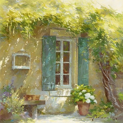 Johan Messely, Sous la tonnelle (Malerei, Nostalgie, Garten,  Natur, Mediterran, Sommer, Haus,  Pflanzen, Blumen, Entspannung, Ruhe, Schatten, Mittagshitze, Idylle, Sonnenlicht, Wohnzimmer, Wintergarten, bunt)