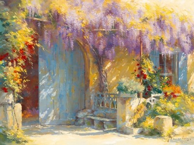 Johan Messely, Un nouveau printemps (Malerei, Nostalgie, Garten,  Natur, Mediterran, Frühling, Haus, Tor, Pflanzen, Blumen, Entspannung, Ruhe, Schatten, Mittagshitze, Idylle, Sonnenlicht, Wohnzimmer, Wintergarten, bunt)