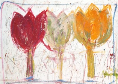 Ursula Meyer-Petersen, 3 Tulips (Blumen, Tulpen, abstrahiert, modern, kindlich, Wohnzimmer, Treppenhaus, Malerei, bunt)