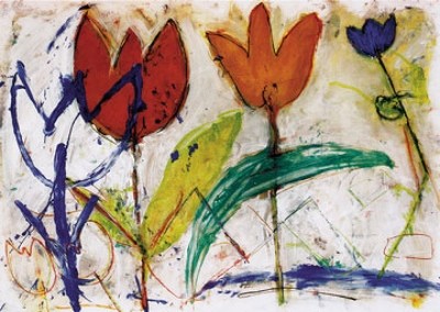 Ursula Meyer-Petersen, Tulips (Blumen, Tulpen, abstrahiert, modern, kindlich, Wohnzimmer, Treppenhaus, Malerei, bunt)