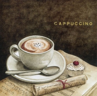 G.P. Mepas, Cappuccino (Tasse, Kaffeetasse, Cupcake, Notenblätter, Nabucco, Verdi, Nostalgie, Esszimmer, Café, Gastronomie, Küche, Malerei, bunt)