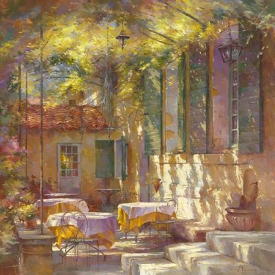 Johan Messely, A lombre de la terrasse (Malerei, Nostalgie, Garten,  Natur, Mediterran, Terrasse, Haus, Pflanzen, Pergola, Entspannung, Ruhe, Schatten,  Idylle, Sonnenlicht, Wohnzimmer, Wintergarten, bunt)
