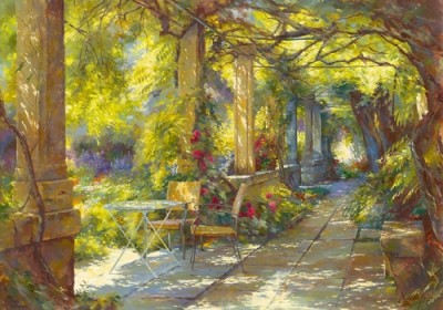Johan Messely, Promenade provençale (Malerei, Nostalgie, Garten, Natur, Gartenweg, Mediterran, Sommer, Haus, Pflanzen, Blumen, Entspannung, Ruhe, Schatten, Verweilen, Idylle, Sonnenlicht, Wohnzimmer, Wintergarten, bunt)