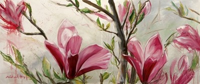 Michael Hopf, Blüteneleganz (Modern, Malerei, Natur, Floral, Zweige, Blüten, Magnolie, bunt)