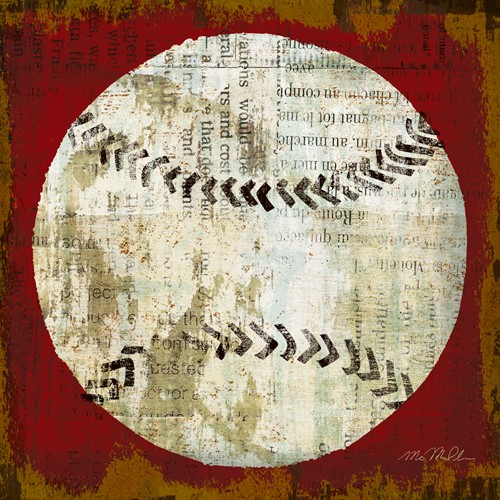 Michael Mullan, Ball I (Sport, Baseball, Zeitungsseite, Collage, shabby, Jugendzimmer, Wohnzimmer, modern, rot/weiß, Wunschgröße)