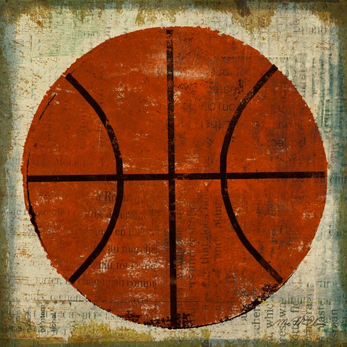 Michael Mullan, Ball II (Sport, Basketball, Zeitungsseite, Collage, shabby, orange/beige, Jugendzimmer, Wohnzimmer, modern, Wunschgröße)