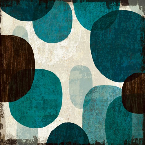 Michael Mullan, Blue Drips I (modern, abstrakt, Kreise, Ovale, Bögen, plakativ, braun, blau, beige, retro, Wohnzimmer, Treppenhaus, Wunschgröße)
