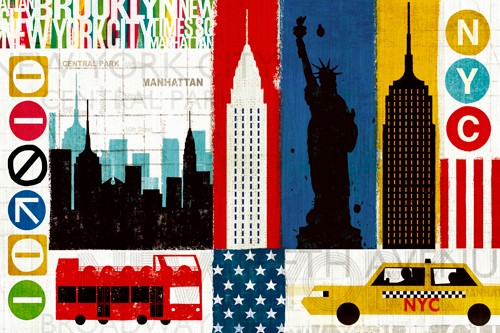 Michael Mullan, New York City Experience (Collage, modern, gelbes Taxi, Freiheitsstatue, New York, Städte, Wohnzimmer, Treppenhaus, Wunschgröße, Empire State Building, Skyline, Jugendzimmer, roter Bus)