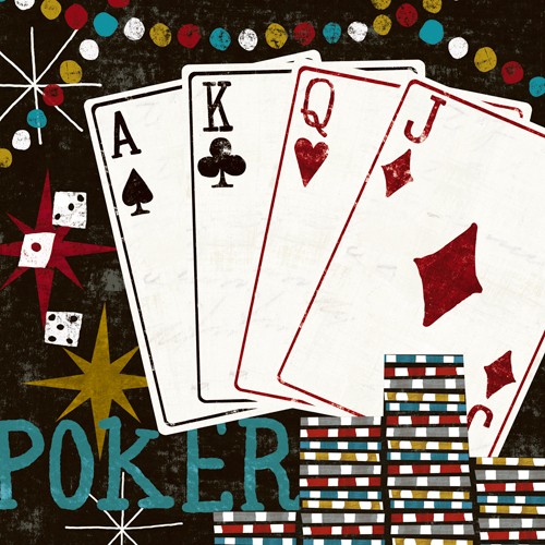 Michael Mullan, Vegas - Cards (Spielkarten, Kartenspiel, Asse, Poker, Jetons, Spielhalle, Kasino,Glücksspiel, retro, Vintage, Grafik, Wunschgröße, Treppenhaus, Wohnzimmer, bunt)