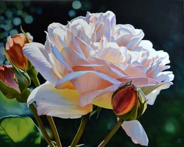 Michael Schuh, Buds (Rosen, Knospen, Blume, Blüte, Blütenblätter, Nahaufnahme, Floral, Fotorealismus, Malerei, Wunschgröße, Wohnzimmer, zart, apricot)