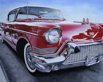Michael Schuh, Classic Reflections (Auto, Oldtimer, Chevrolet, Nostalgie, Retro, chrom, glänzend, Straßenkreuzer, Spiegelungen, Lack,  Fotorealismus, Malerei, Wunschgröße, Wohnzimmer, Büro,  rot/bunt)