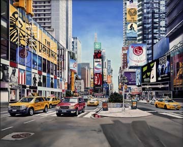Michael Schuh, Times Square Reflections (Städte, Metropole, New York, Hochhäuser, Zentrum, Fotorealismus, Malerei, Wunschgröße, Wohnzimmer,)