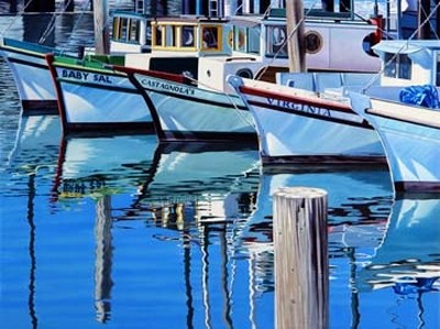 Michael Schuh, Fisherman`s Wharf Reflections (Boote, Fischerboote, Hafen, Reflexionen, Spiegelungen, Wasser, maritim, Wohnzimmer, Treppenhaus, Fotorrealismus, Malerei, Wunschgröße, bunt)