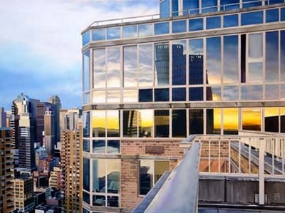 Michael Schuh, NYC Penthouse Reflections (Modern, Skyline, Häuser, Glasfassade, Spiegelungen, New York, Städte, Fotorealismus, Malerei, Wunschgröße, Wohnzimmer, Büro, bunt)