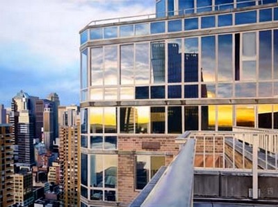 Michael Schuh, NYC Penthouse Reflections (Modern, Skyline, Häuser, Glasfassade, Spiegelungen, New York, Städte, Fotorealismus, Malerei, Wunschgröße, Wohnzimmer, Büro, bunt)