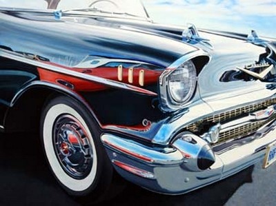 Michael Schuh, T-Bird on Chevy Reflections (Auto, Oldtimer, Chevrolet, Nostalgie, Retro, chrom, glänzend, Straßenkreuzer, Spiegelungen, Lack, Fotorealismus, Malerei, Wunschgröße, Wohnzimmer, Büro, schwarz/bunt)